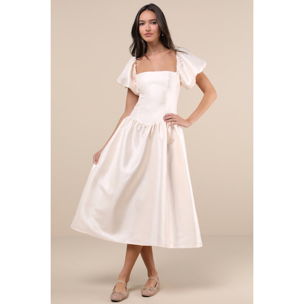 Lulus Exclusive Charm Cream Taffeta Puff Sleeve Midi Dress White - Size S